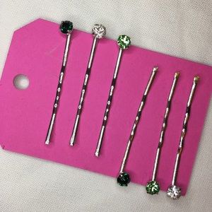 Set of 6 silver rhinestone bobby-pins.